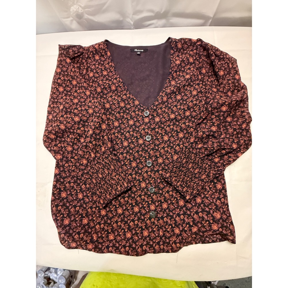 Madewell Floral V-Neck Button Front Blouse Smocked Cuff Plum Orange Size 2